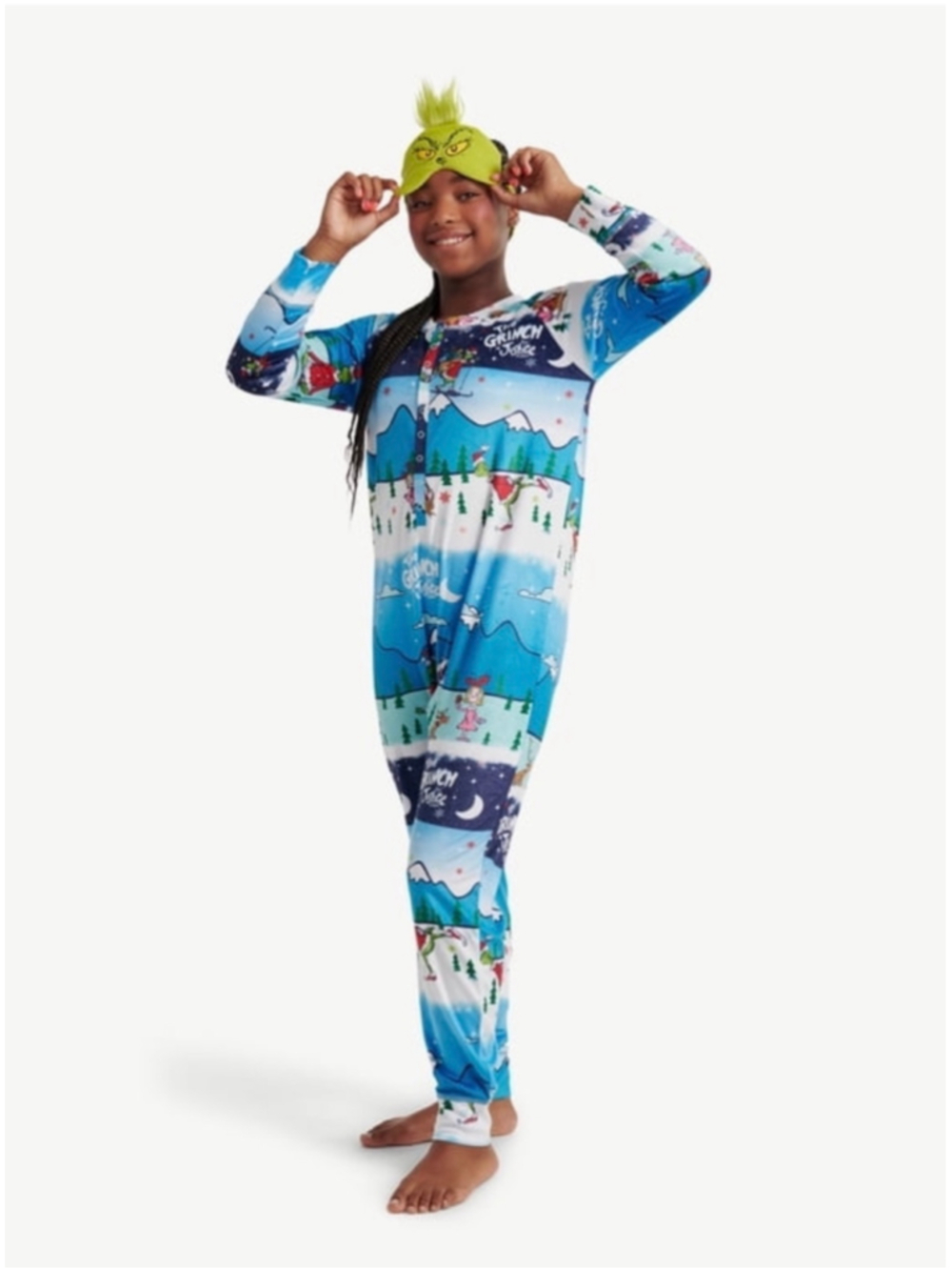 The Grinch x Justice Sleep Girls L 12-14 Blue Christmas One Piece Pajama Onesie